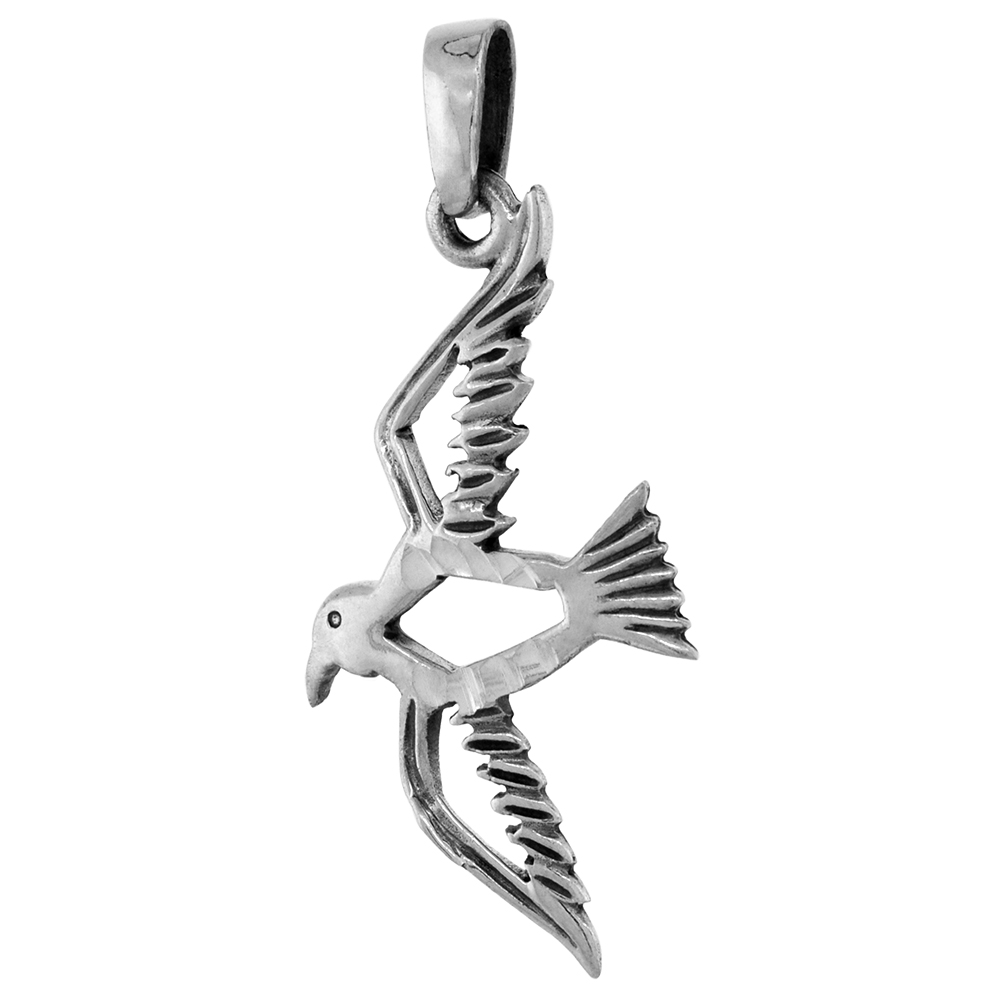 1 1/2 inch Sterling Silver Flying Open Sparrow Necklace Diamond-Cut Oxidized finish available with or without chain