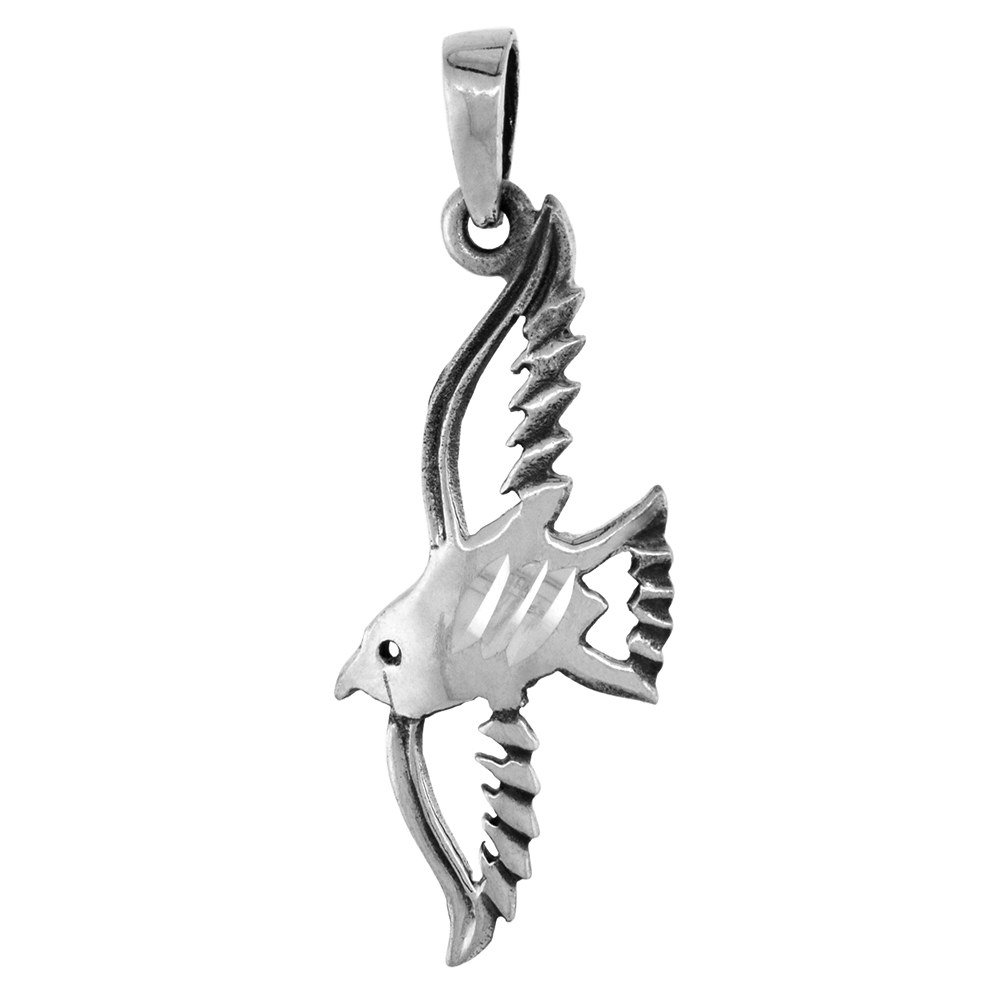 1 1/2 inch Sterling Silver Flying Sparrow Necklace Diamond-Cut Oxidized finish available with or without chain
