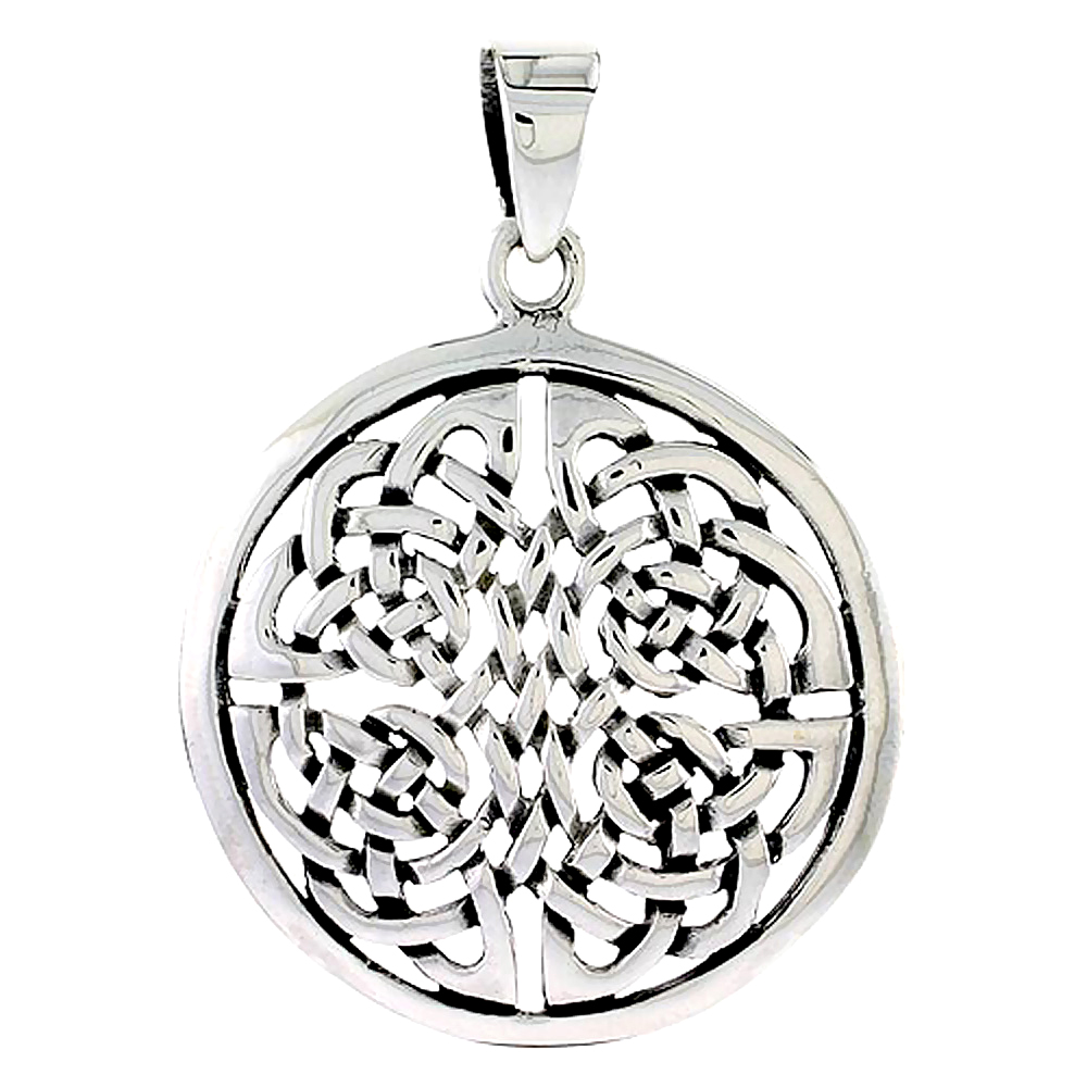 STERLING SILVER ROUND DARA CELTIC KNOT CHARM PENDANT FOR MEN 1 1/4 INCH