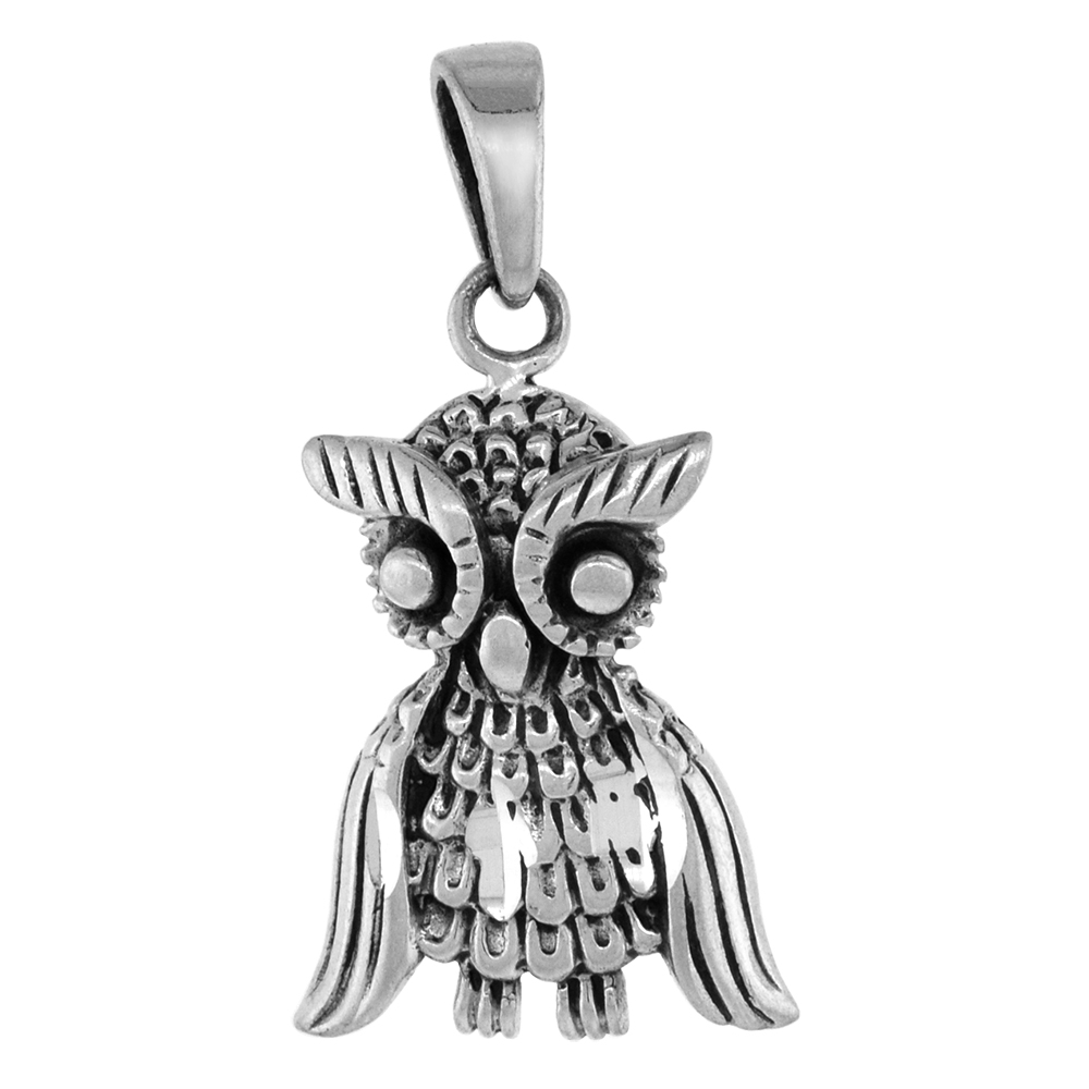1 1/8 inch Sterling Silver Standing Owl Necklace Diamond-Cut Oxidized finish available with or without chain