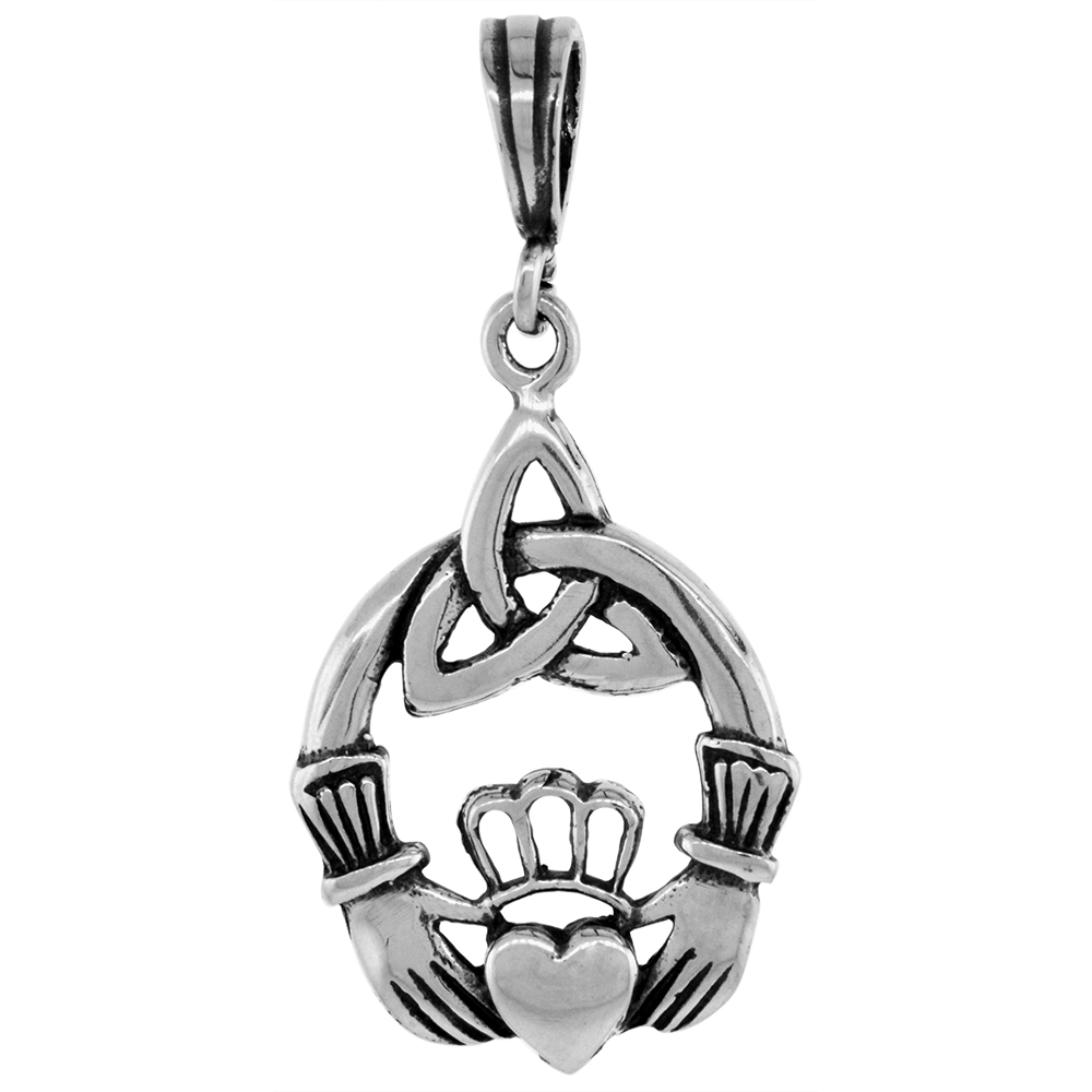 Sterling Silver Claddagh Charm w/ Trinity Knot Charm, 1 1/4 inch