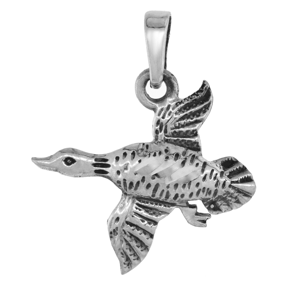 1 1/4 inch Sterling Silver Flying Duck Necklace Diamond-Cut Oxidized finish available with or without chain
