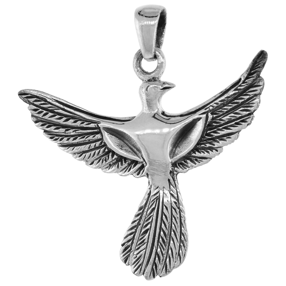 1 3/8 inch Sterling Silver Rising Phoenix Necklace 3-D Diamond-Cut Oxidized finish available with or without chain