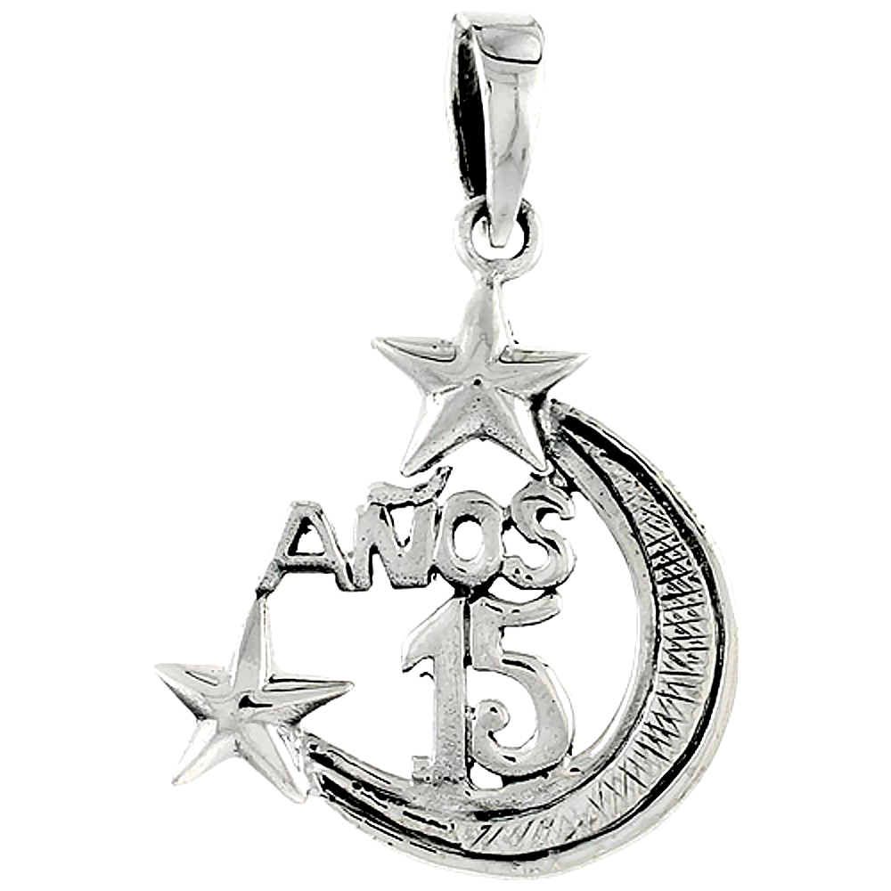 STERLING SILVER QUINCEANERA 15 ANOS CRESCENT MOON & STARS WORD CHARM 1 1/16 INCH TALL