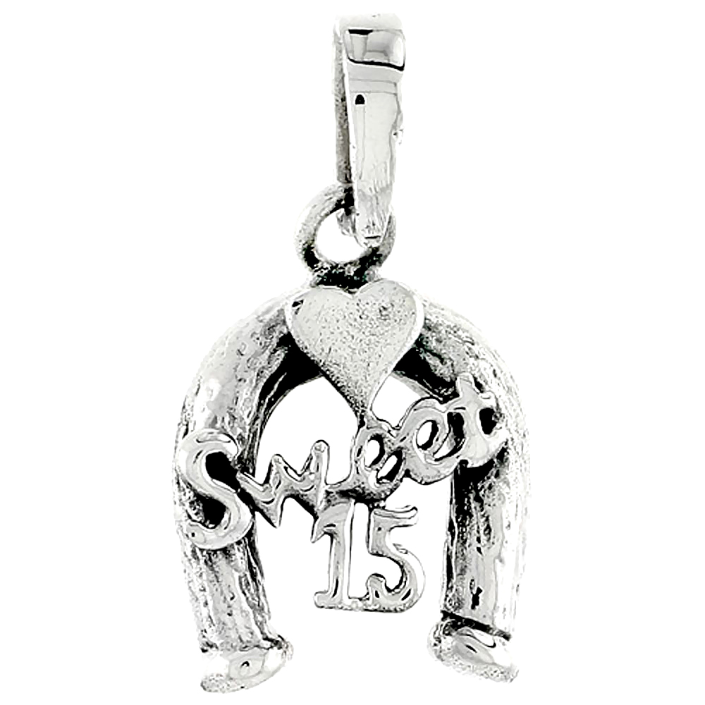 STERLING SILVER QUINCEANERA SWEET 15 HORSESHOE WORD CHARM 3/4 INCH WIDE