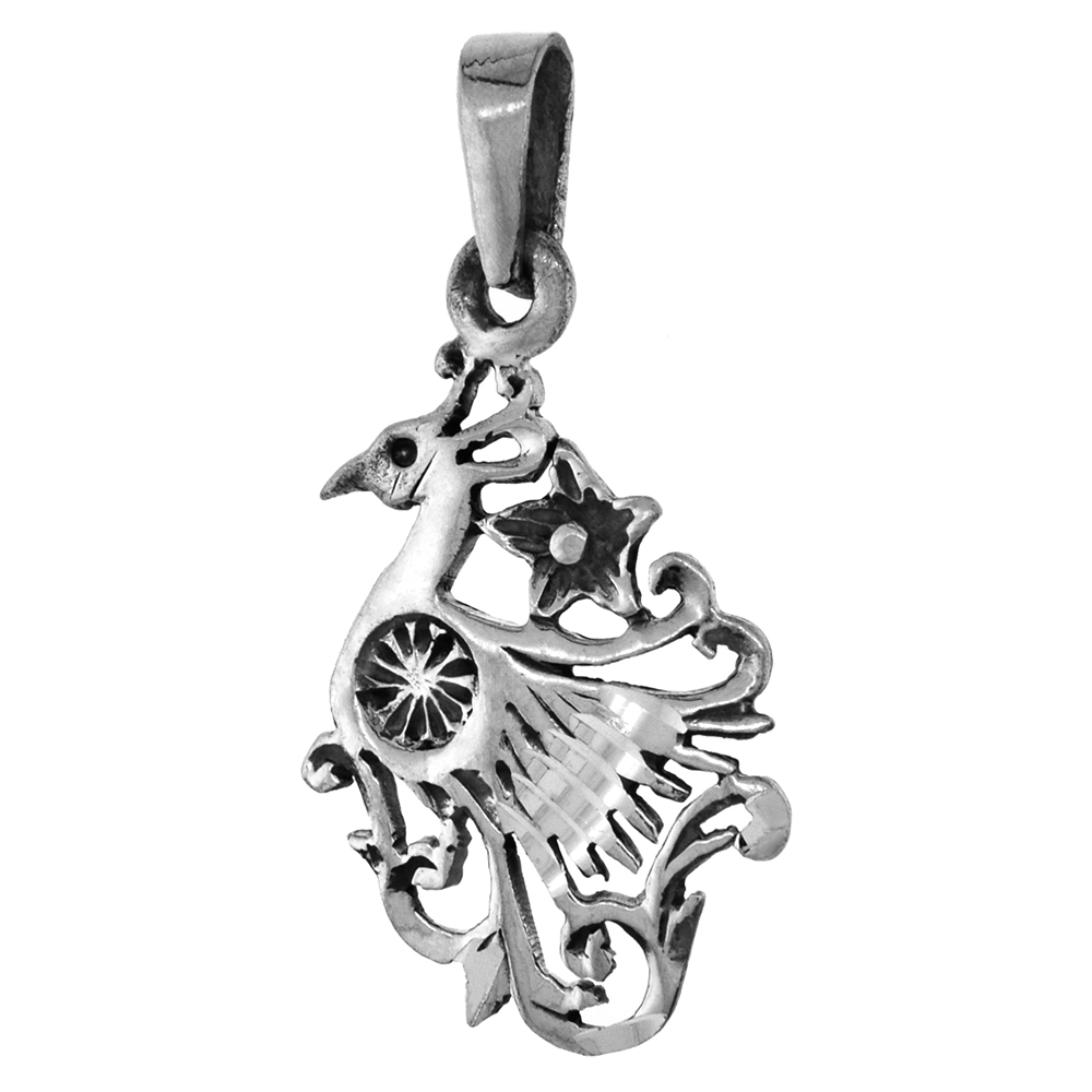 1 1/4 INCH STERLING SILVER PEACOCK PENDANT DIAMOND-CUT OXIDIZED FINISH NO CHAIN (NO CHAIN)
