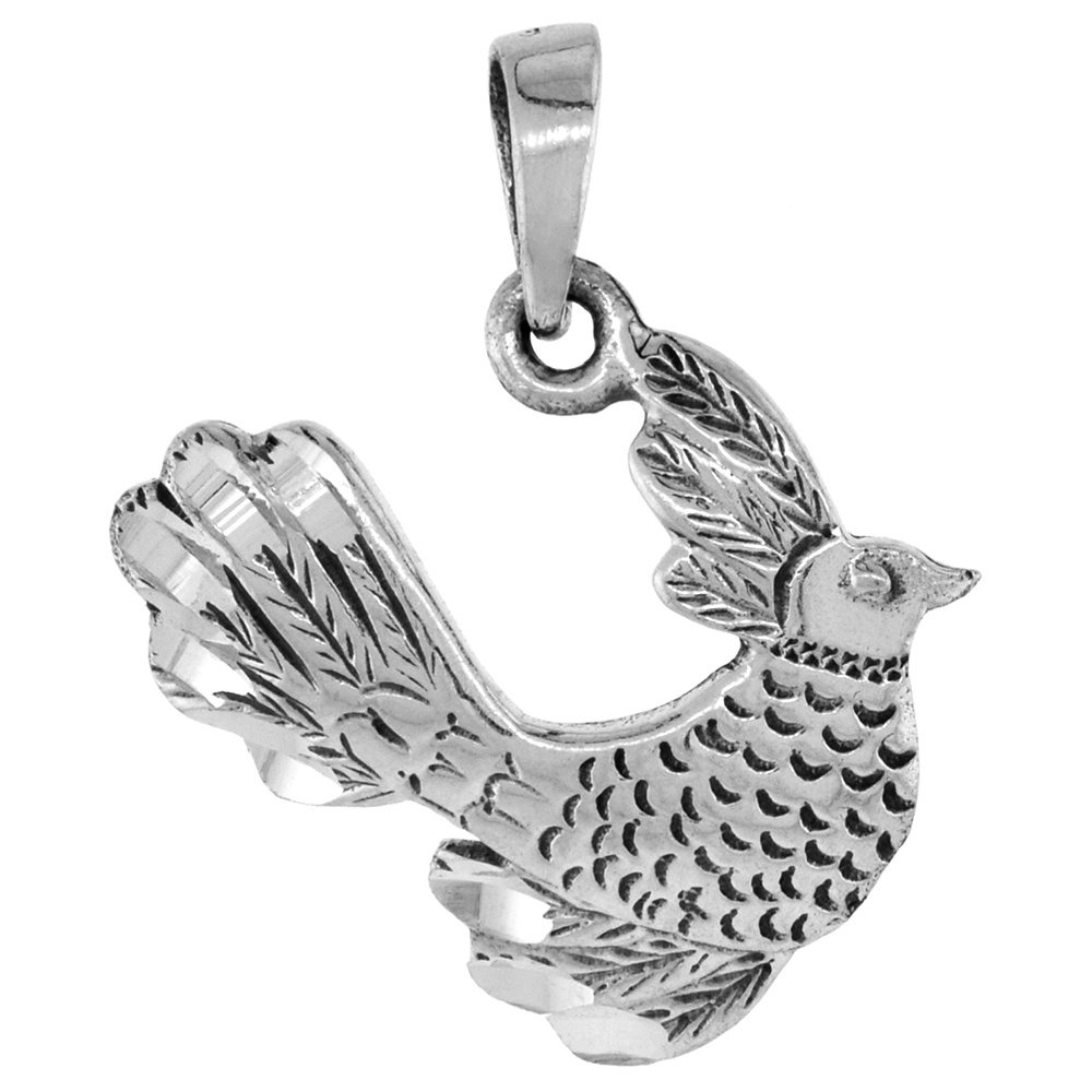 1 1/8 inch Sterling Silver Bird Necklace Diamond-Cut Oxidized finish available with or without chain