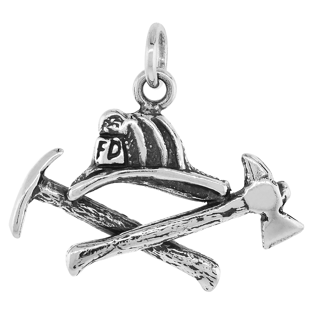 STERLING SILVER FIREMAN HELMET PICK AND AXE CHARM 1 1/16 INCH WIDE