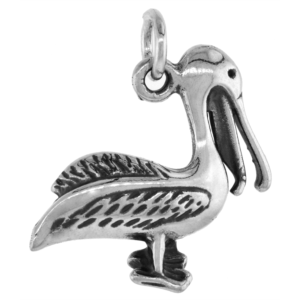 1 1/8 inch Sterling Silver Standing Pelican Necklace Diamond-Cut Oxidized finish available with or without chain