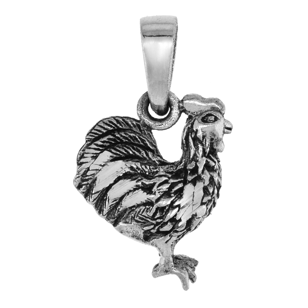Small 3/4 inch Sterling Silver Standing Rooster Necklace for Women3-D Diamond-Cut Oxidized finish available with or without chain