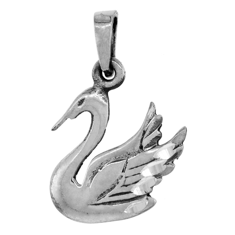 1 1/4 inch Sterling Silver Sitting Swan Necklace Diamond-Cut Oxidized finish available with or without chain