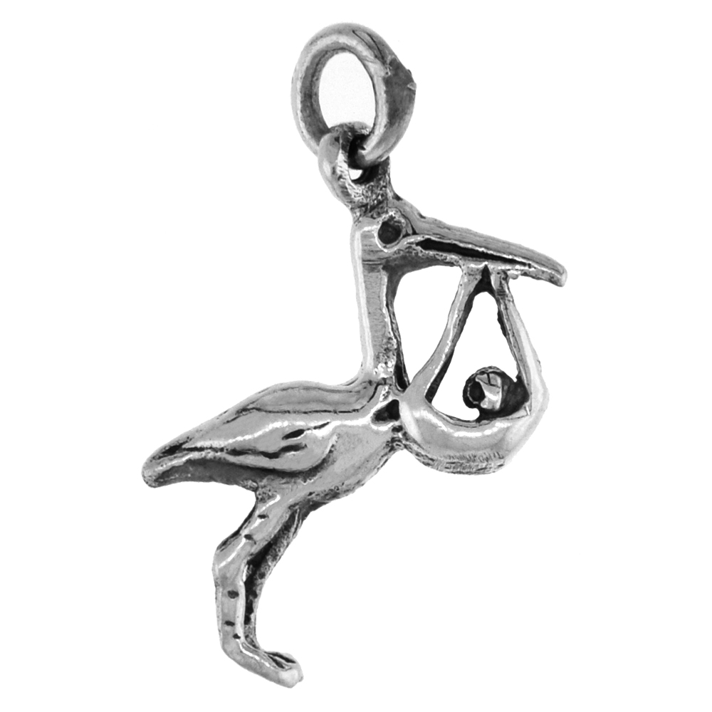 1 inch Sterling Silver Stork with Baby Necklace Diamond-Cut Oxidized finish available with or without chain