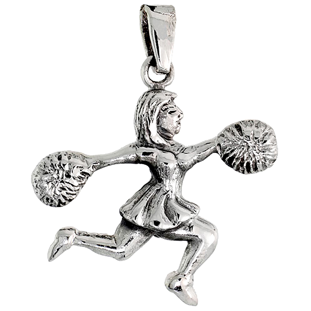 STERLING SILVER CHEERLEADER W/ POM-POMS CHARM 1 INCH TALL