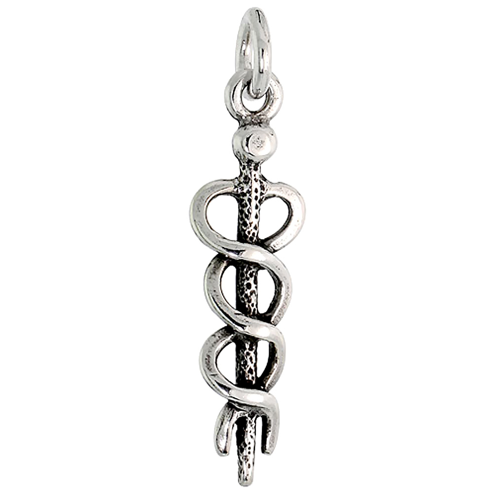 STERLING SILVER CADUCEUS MEDICAL SYMBOL CHARM 1 1/16 INCH TALL