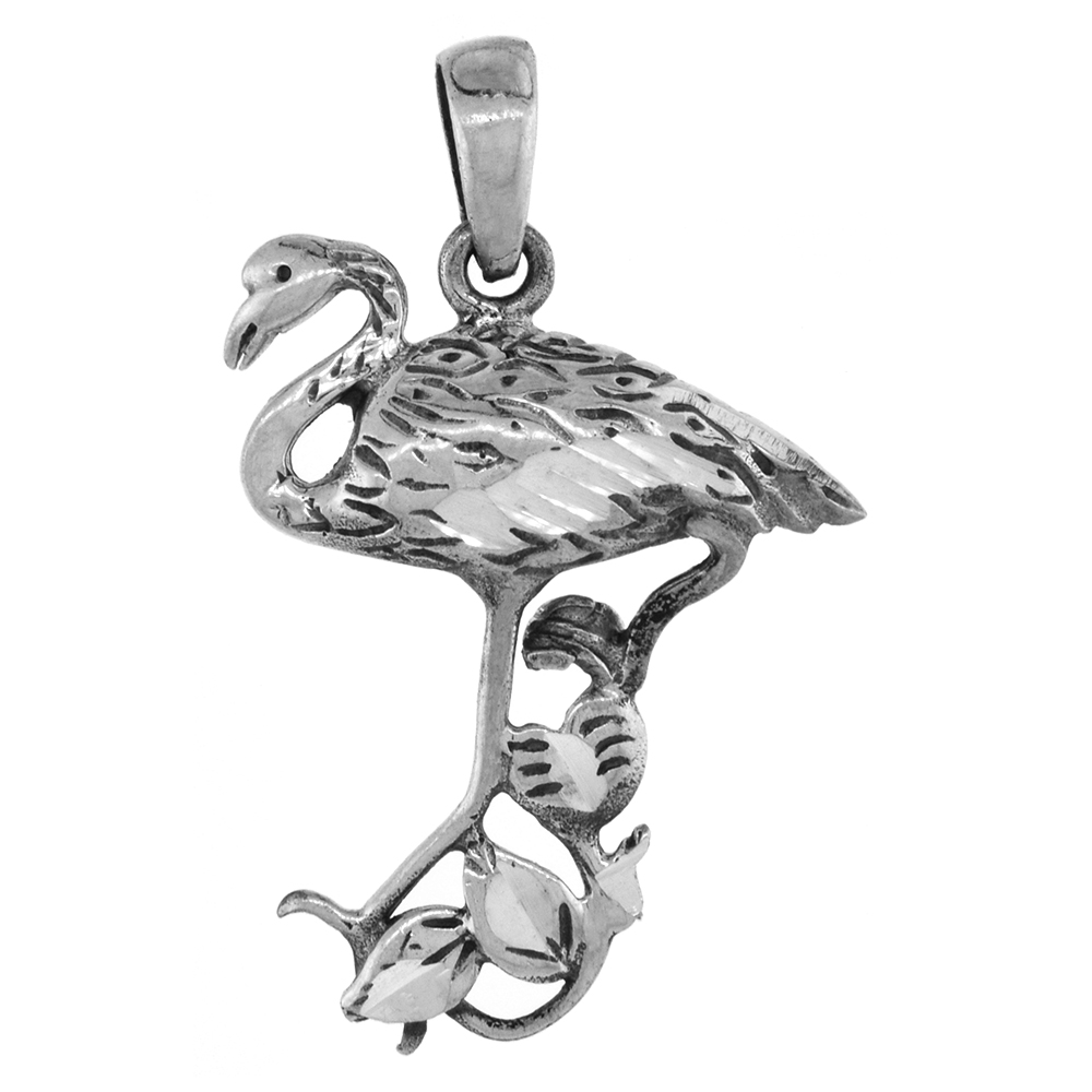 1 3/4 inch Sterling Silver Flamingo in Marsh Pendant Diamond-Cut Oxidized finish NO Chain