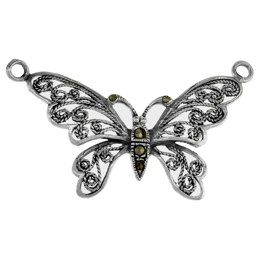 Small 3/4 inch Sterling Silver Filigree Butterfly Necklace for Women Diamond-Cut Oxidized finish available with or without chain