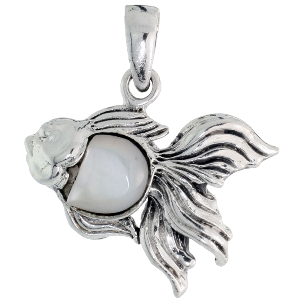 STERLING SILVER ANGEL FISH MOTHER OF PEARL CHARM 7/8 INCH WIDE