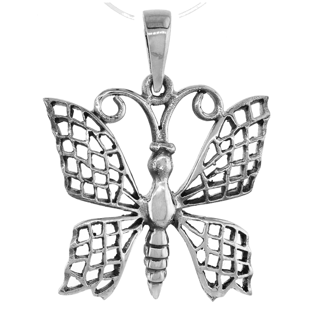 1 1/4 INCH STERLING SILVER BUTTERFLY PENDANT FOR WOMEN DIAMOND-CUT OXIDIZED FINISH NO CHAIN (NO CHAIN)