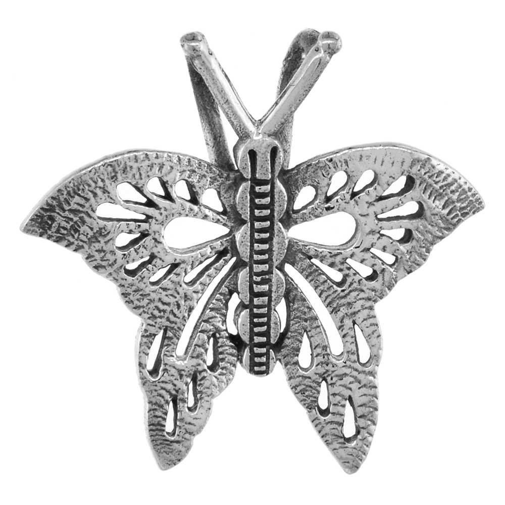 1 1/16 inch Sterling Silver Butterfly Necklace for Women Diamond-Cut Oxidized finish available with or without chain