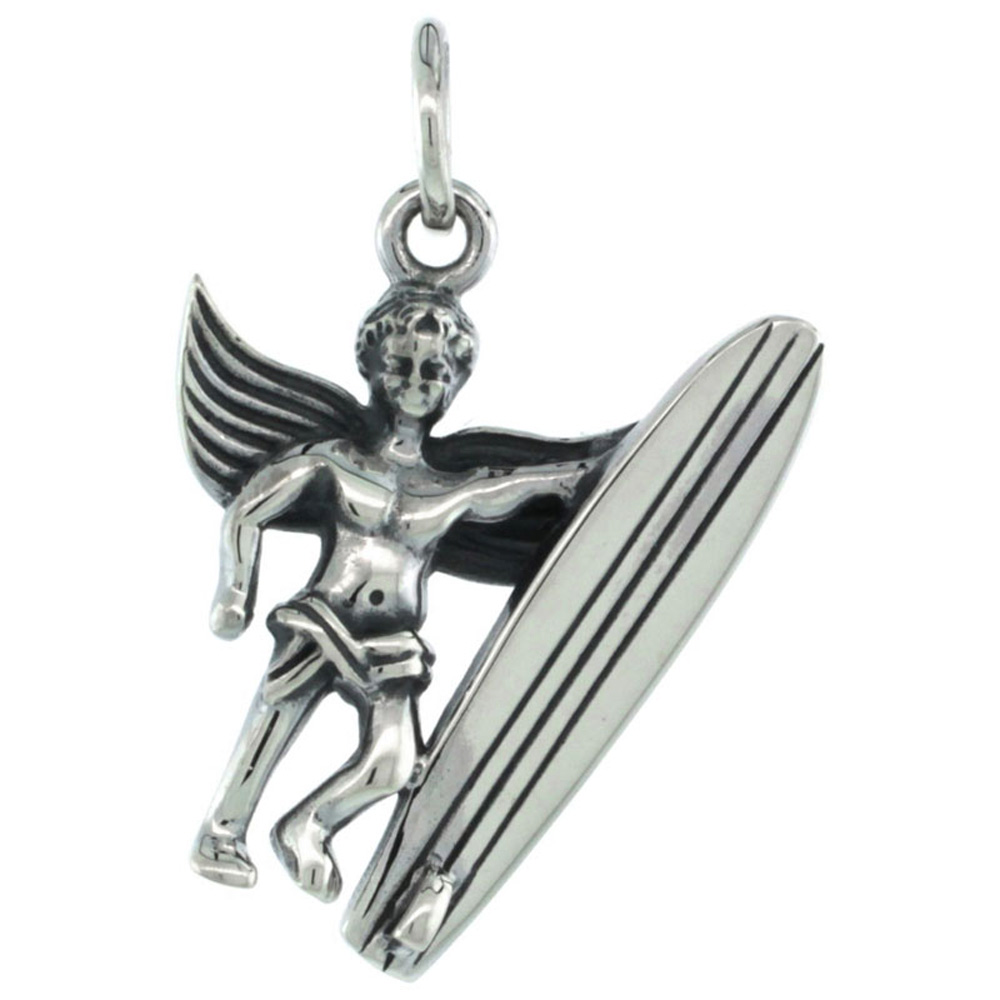 STERLING SILVER GUARDIAN ANGEL SURFER PENDANT ANTIQUE FINISH 7/8 INCH