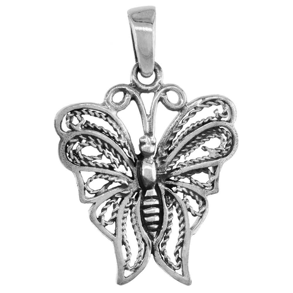 1 3/8 inch Sterling Silver Filigree Butterfly Necklace for Women Diamond-Cut Oxidized finish available with or without chain