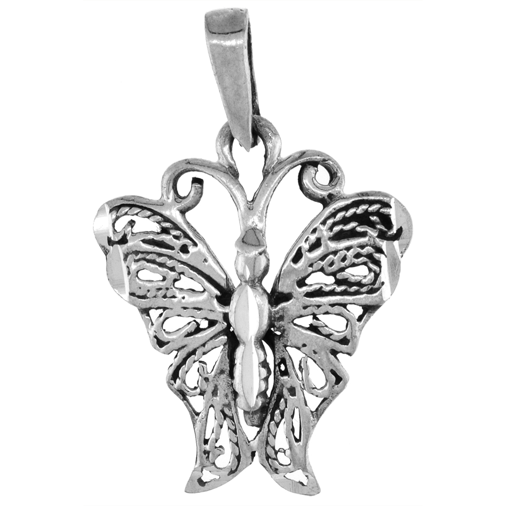 1 1/4 INCH STERLING SILVER FILIGREE BUTTERFLY PENDANT FOR WOMEN DIAMOND-CUT OXIDIZED FINISH NO CHAIN (NO CHAIN)