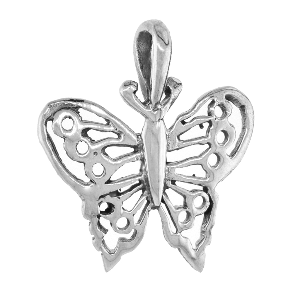 SMALL 3/4 INCH STERLING SILVER BUTTERFLY PENDANT FOR WOMEN DIAMOND-CUT OXIDIZED FINISH NO CHAIN (NO CHAIN)