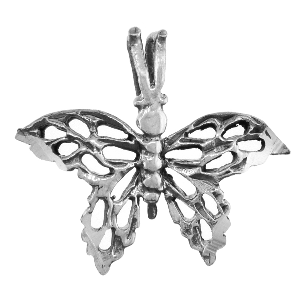 Small 3/4 inch Sterling Silver Filigree Butterfly Pendant for Women Diamond-Cut Oxidized finish NO Chain