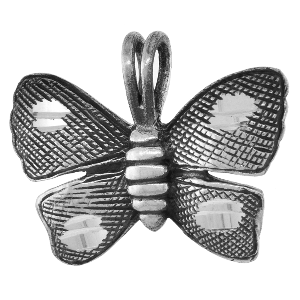 VERY SMALL 3/4 INCH STERLING SILVER BUTTERFLY PENDANT FOR WOMEN DIAMOND-CUT OXIDIZED FINISH NO CHAIN (NO CHAIN)