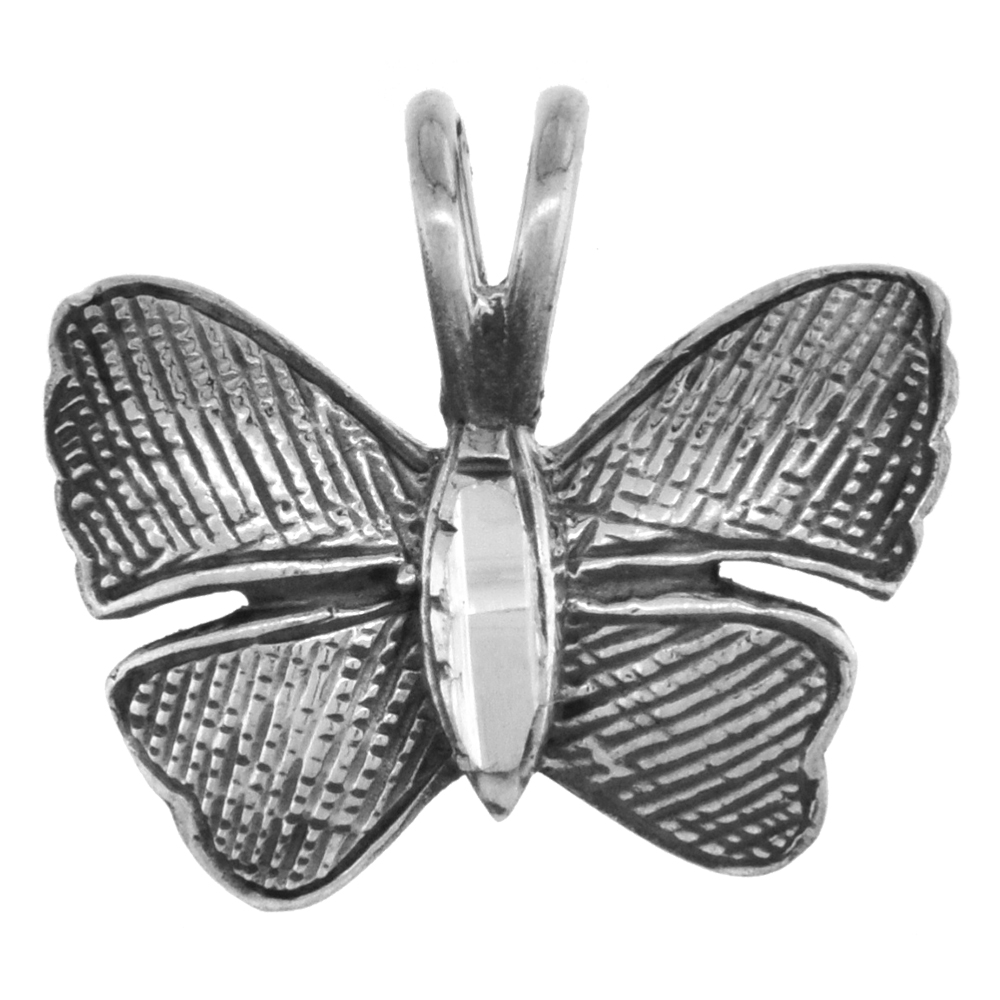 SMALL 3/4 INCH STERLING SILVER BUTTERFLY PENDANT FOR WOMEN DIAMOND-CUT OXIDIZED FINISH NO CHAIN (NO CHAIN)
