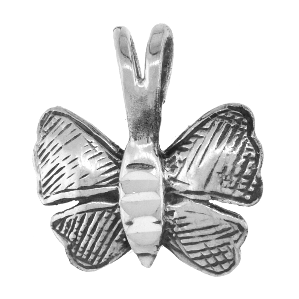 Tiny 5/8 inch Sterling Silver Butterfly Necklace for Women Diamond-Cut Oxidized finish available with or without chain