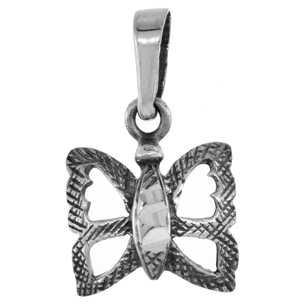 SMALL 3/4 INCH STERLING SILVER OPEN BUTTERFLY PENDANT FOR WOMEN DIAMOND-CUT OXIDIZED FINISH NO CHAIN (NO CHAIN)