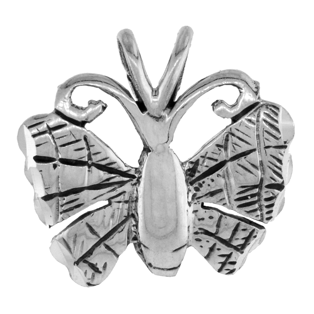 SMALL 3/4 INCH STERLING SILVER BUTTERFLY PENDANT FOR WOMEN DIAMOND-CUT OXIDIZED FINISH NO CHAIN (NO CHAIN)