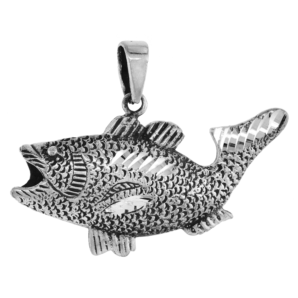 1 3/8 inch Sterling Silver Bass Fish Necklace Diamond-Cut Oxidized finish available with or without chain