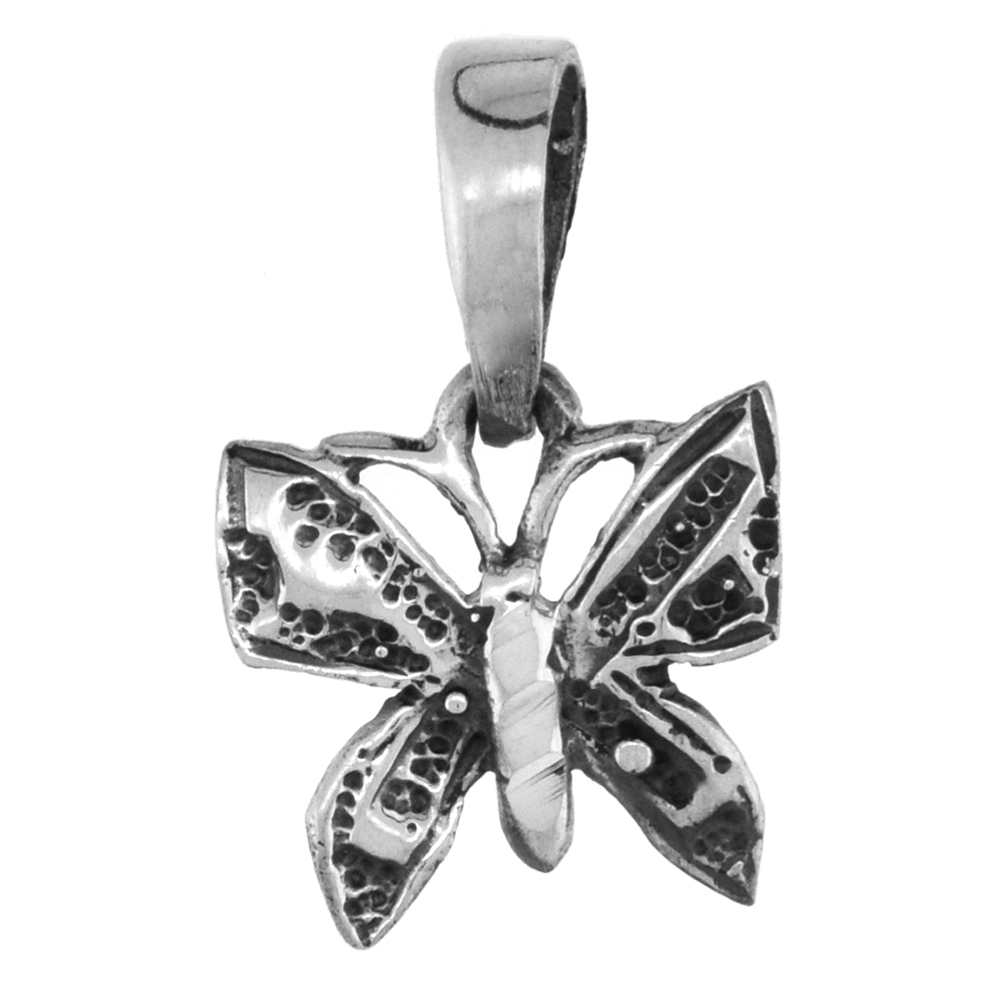 Very Small 5/8 inch Sterling Silver Teeny Butterfly Necklace for Women Diamond-Cut Oxidized finish available with or without chain