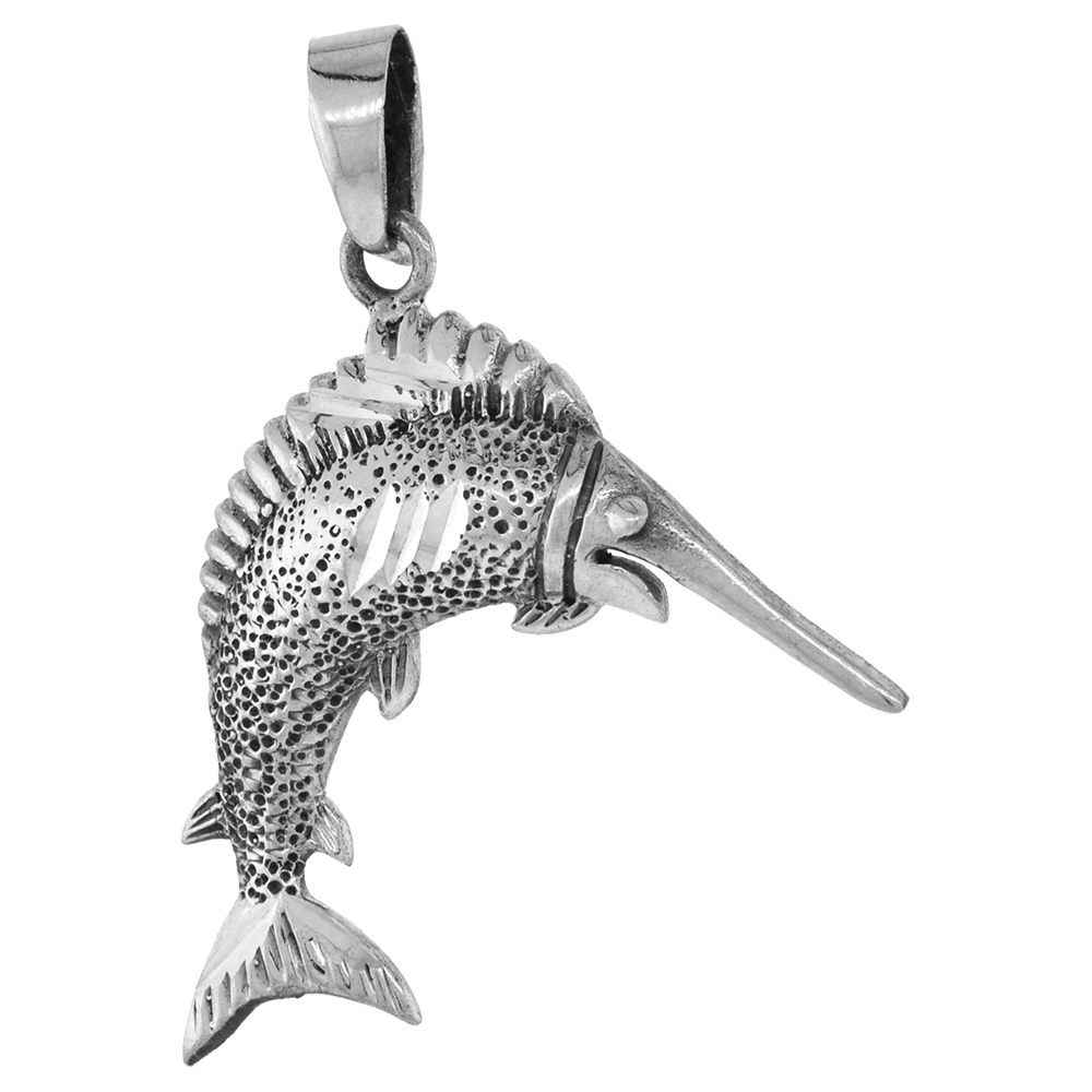 1 1/4 inch Sterling Silver Sailfish Necklace Diamond-Cut Oxidized finish available with or without chain