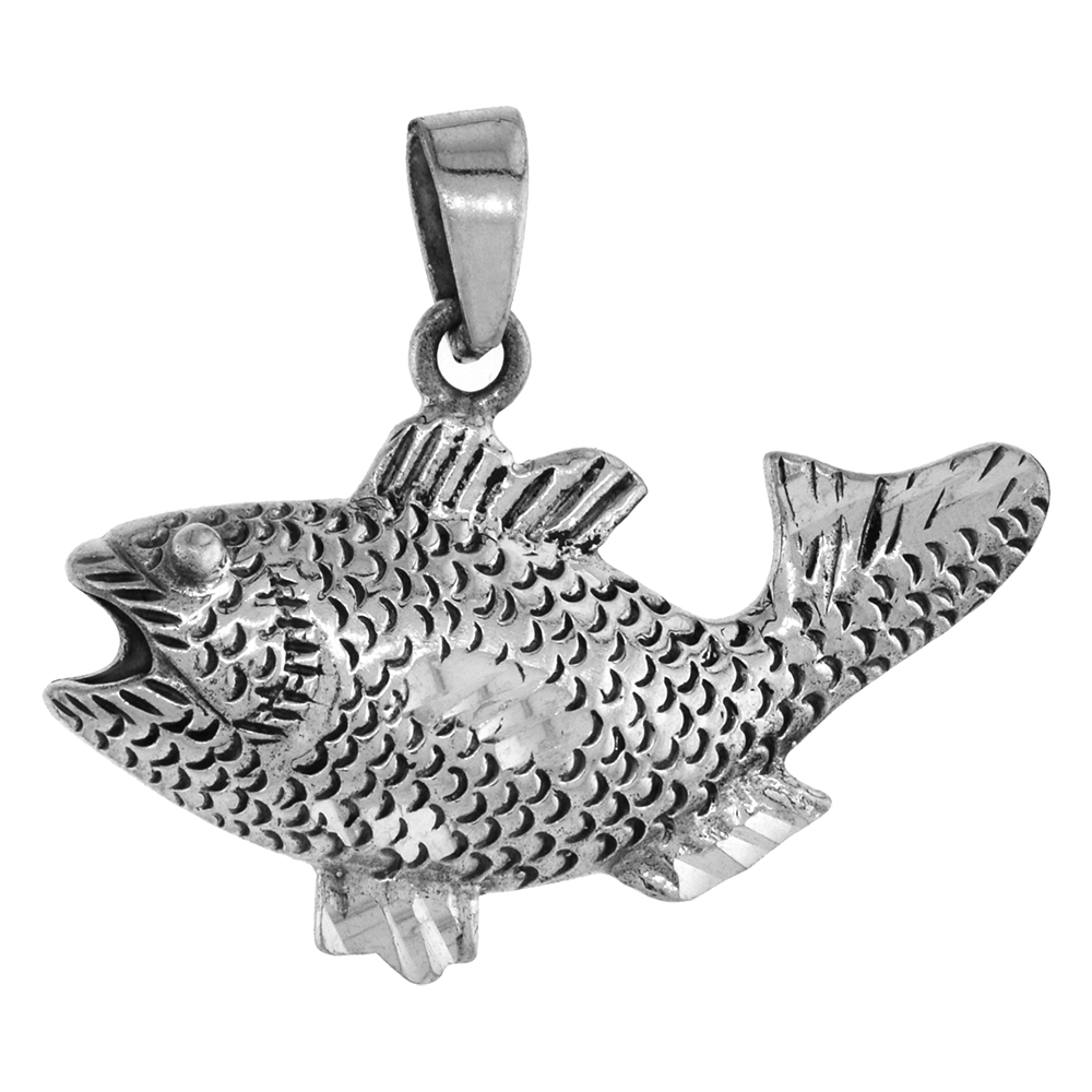 1 1/8 inch Sterling Silver Bass Fish Necklace Diamond-Cut Oxidized finish available with or without chain