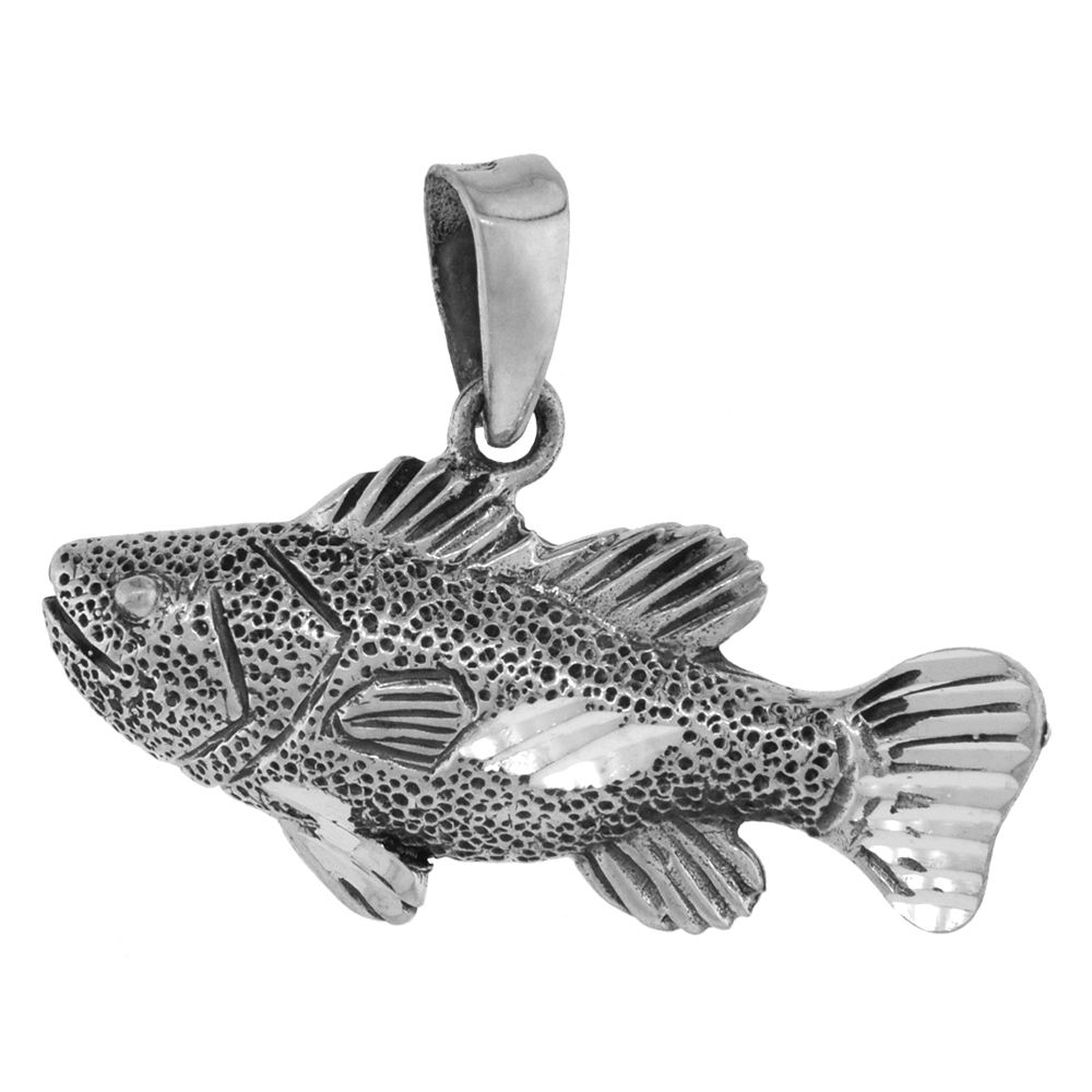 1 inch Sterling Silver Bass Fish Necklace Diamond-Cut Oxidized finish available with or without chain