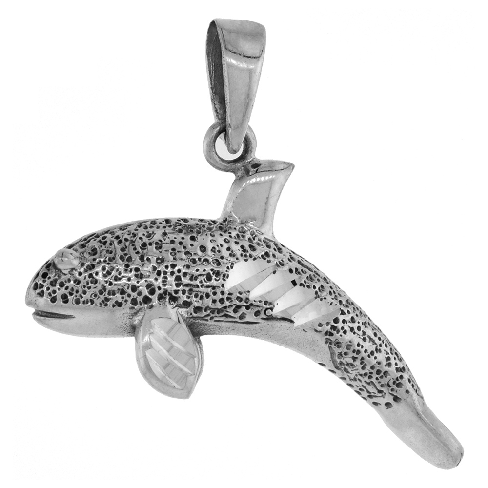 1 inch Sterling Silver Orca Killer Whale Necklace Diamond-Cut Oxidized finish available with or without chain