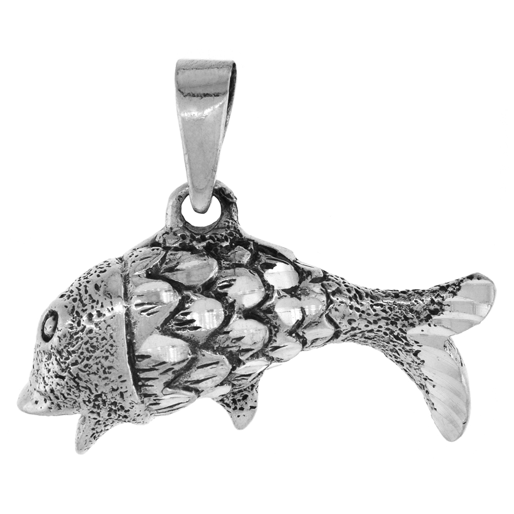 1 inch Sterling Silver Scaly Fish Necklace Diamond-Cut Oxidized finish available with or without chain