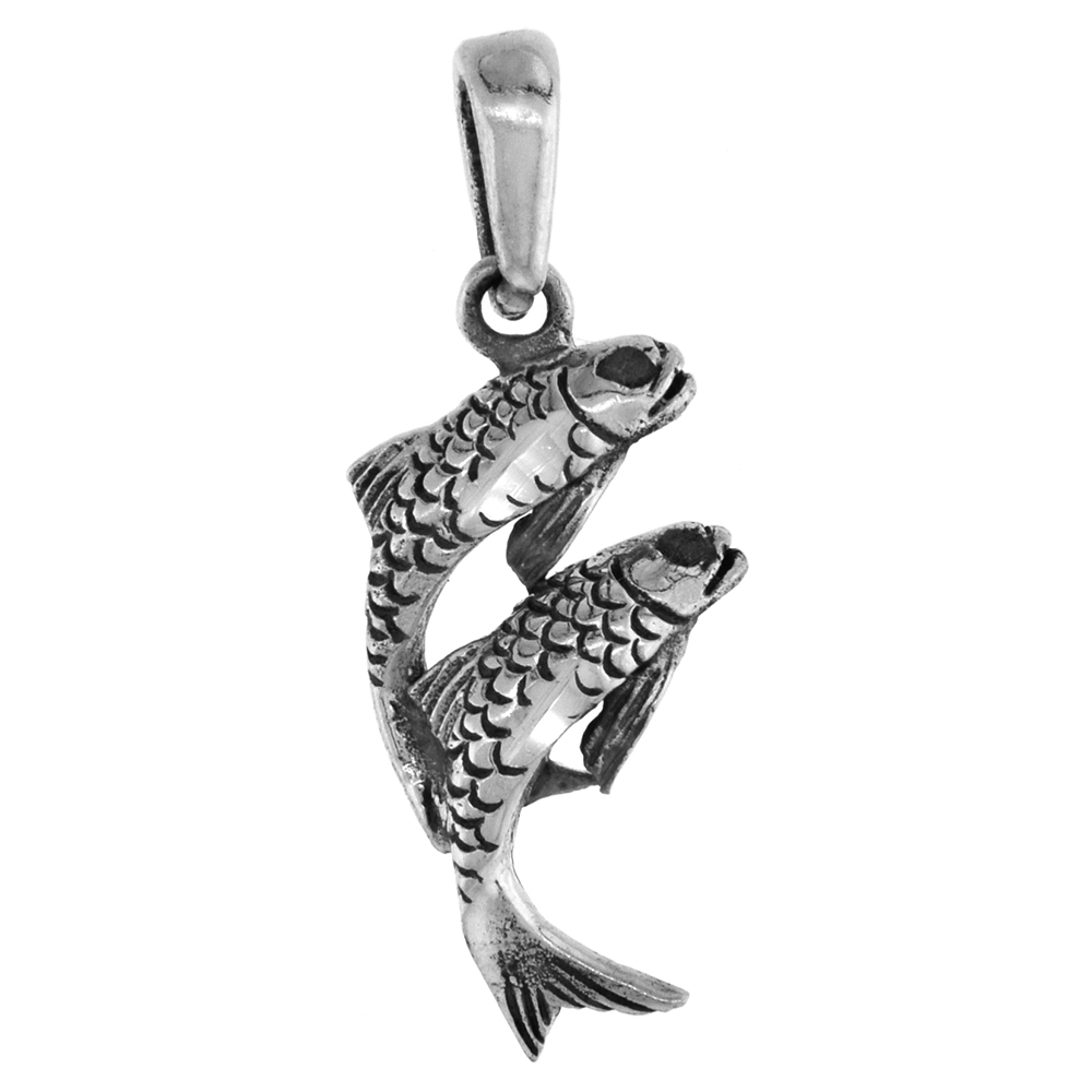1 1/8 inch Sterling Silver Zodiac Sign Pisces Double Fish Necklace Diamond-Cut Oxidized finish available with or without chain