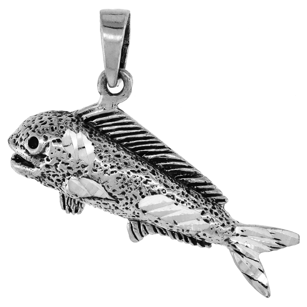 1 1/16 inch Sterling Silver Mahi Mahi Fish Necklace Diamond-Cut Oxidized finish available with or without chain