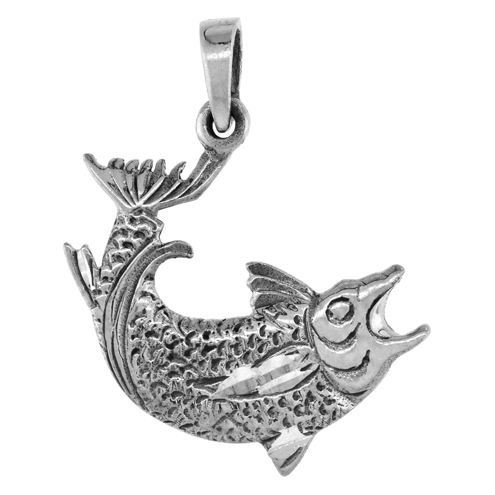 1 1/4 inch Sterling Silver Sockeye Salmon Fish Necklace Diamond-Cut Oxidized finish available with or without chain