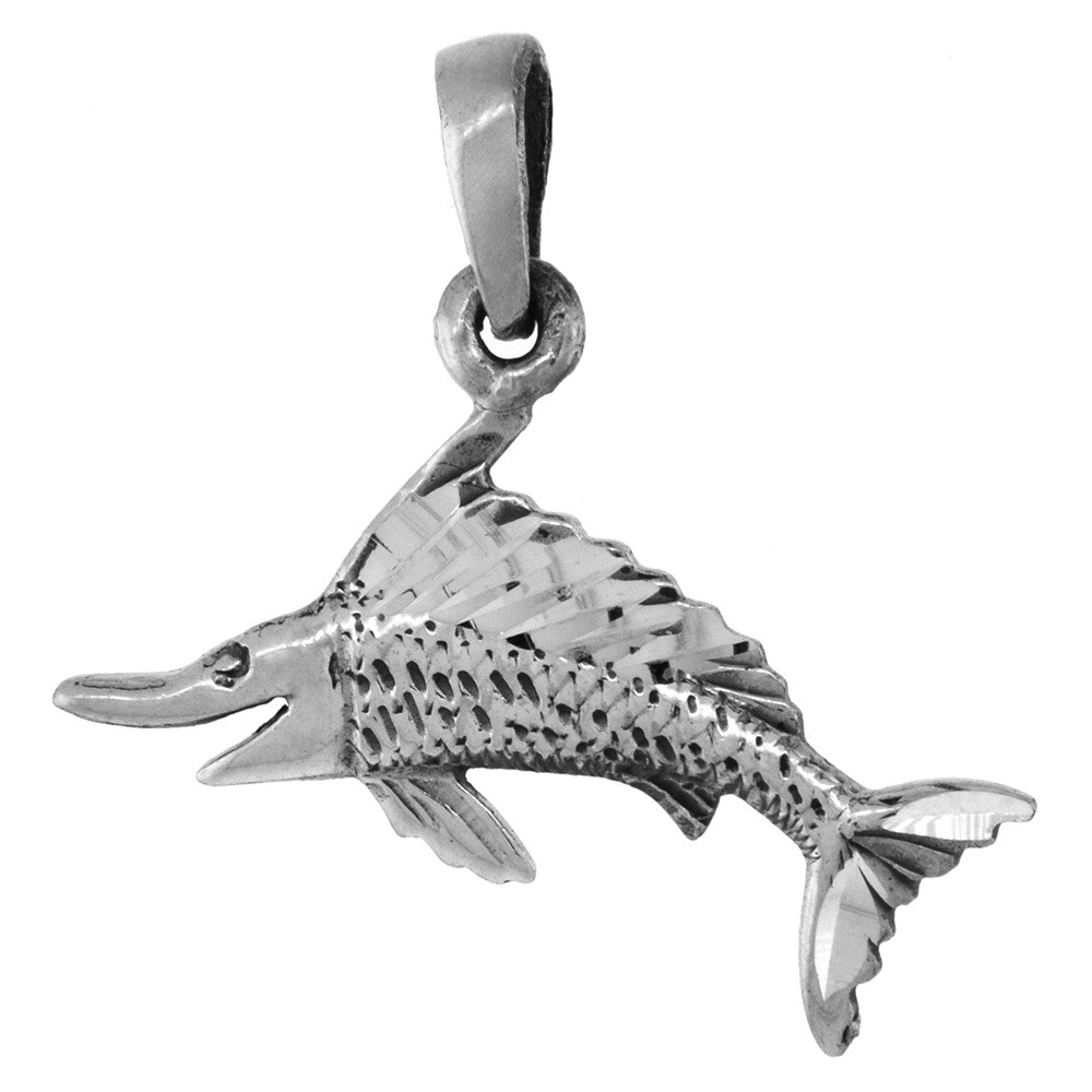 1 1/8 inch Sterling Silver Swordfish Necklace Diamond-Cut Oxidized finish available with or without chain