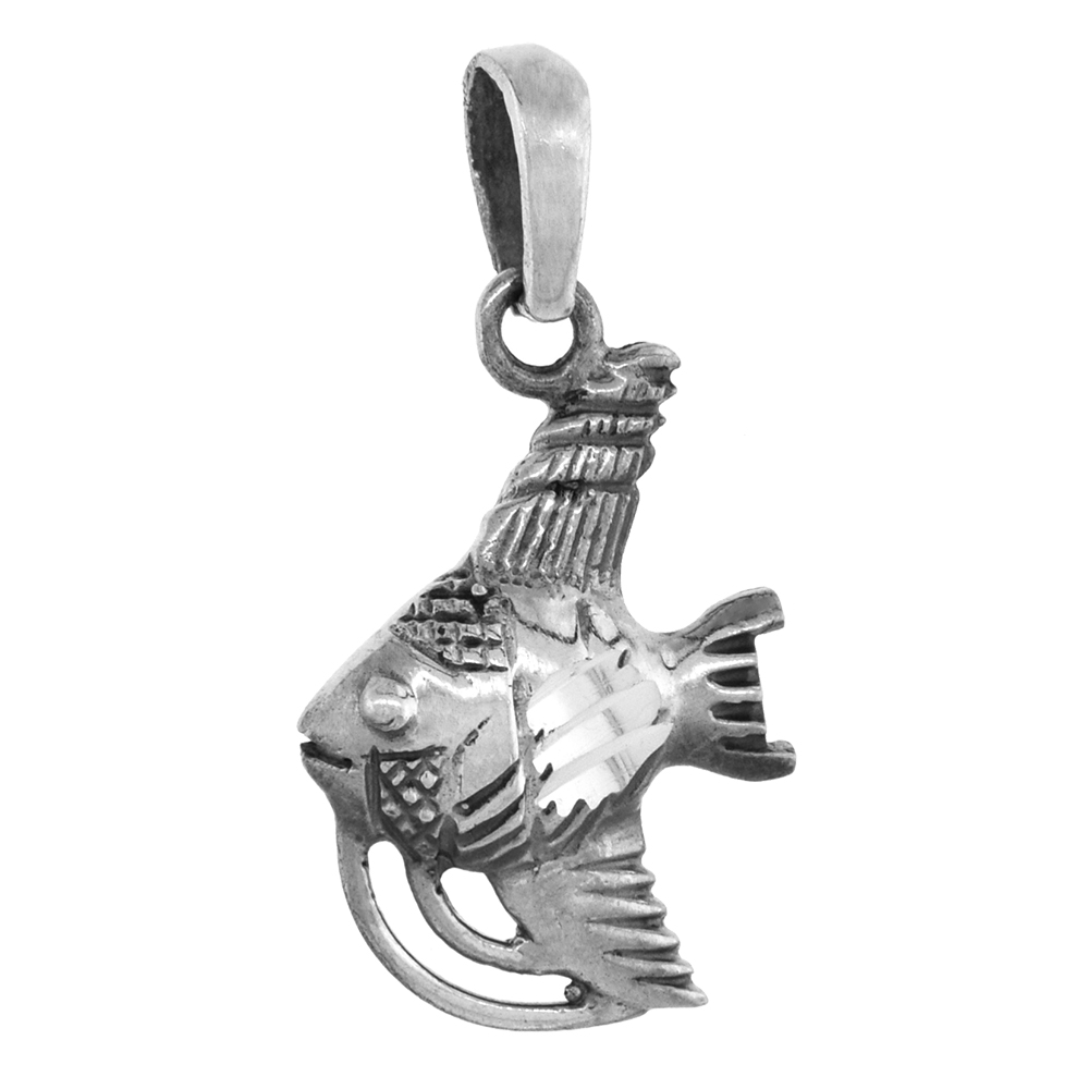 1 1/16 inch Sterling Silver Angelfish Necklace Diamond-Cut Oxidized finish available with or without chain