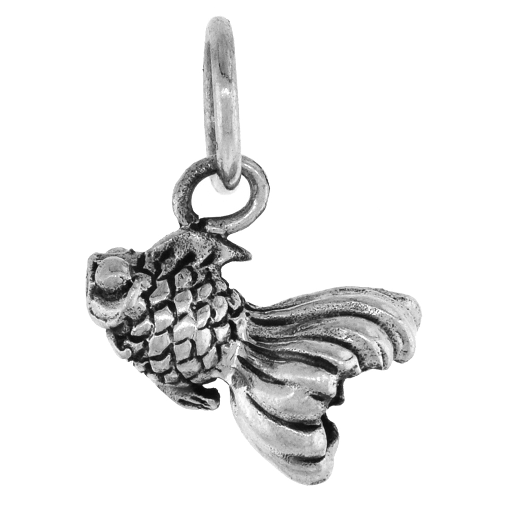 Tiny 5/8 inch Sterling Silver Veil tail Goldfish Pendant for Women Diamond-Cut Oxidized finish NO Chain