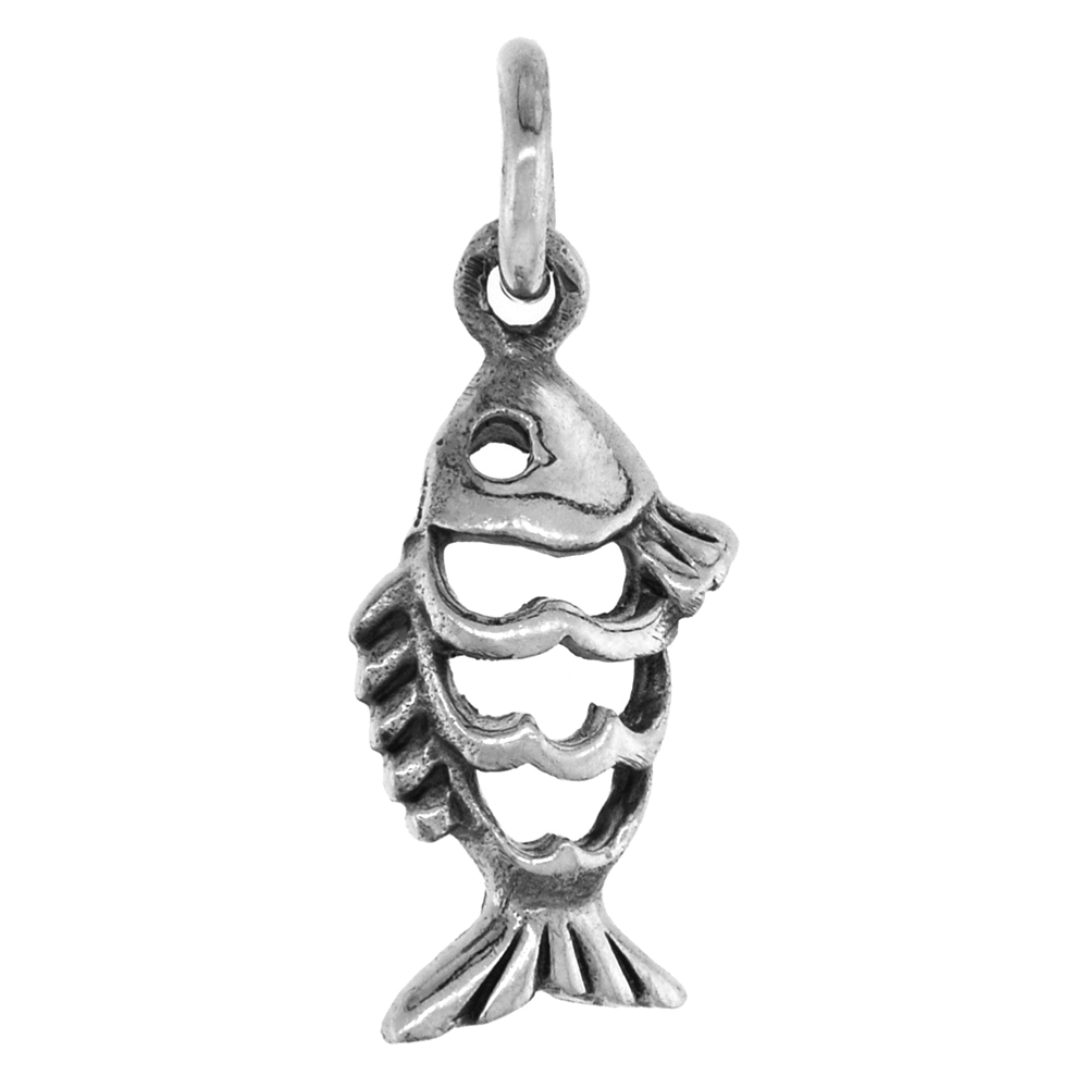 1 inch Sterling Silver Open Fish Necklace Diamond-Cut Oxidized finish available with or without chain