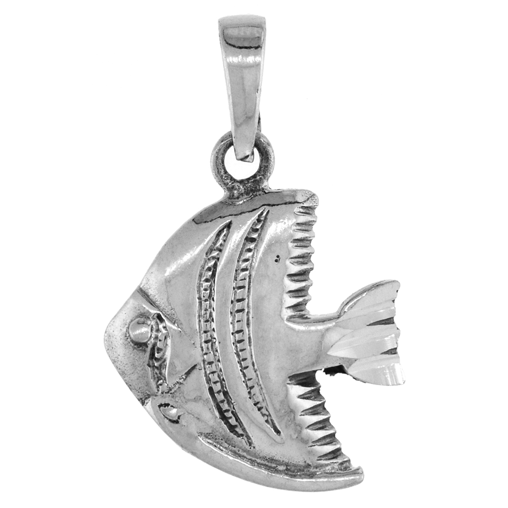 1 1/16 inch Sterling Silver Tropical Fish Necklace Diamond-Cut Oxidized finish available with or without chain