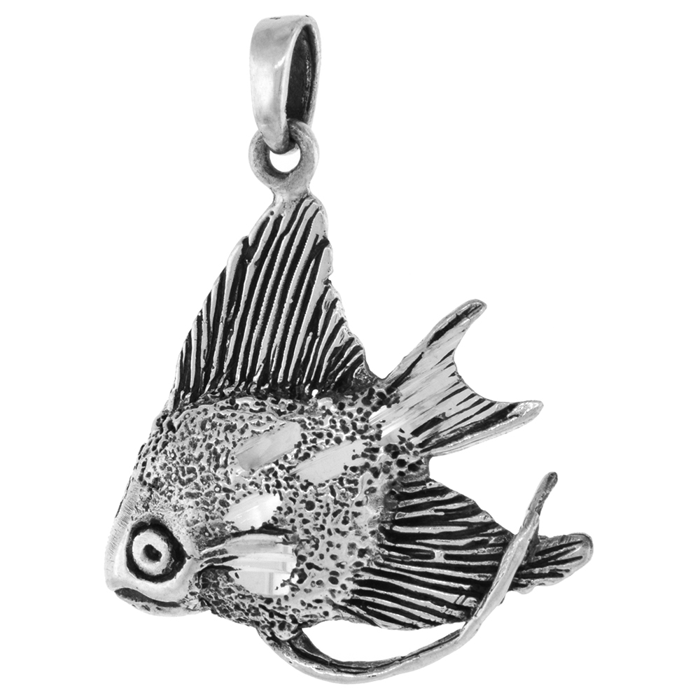 1 1/2 inch Sterling Silver Angelfish Necklace Diamond-Cut Oxidized finish available with or without chain