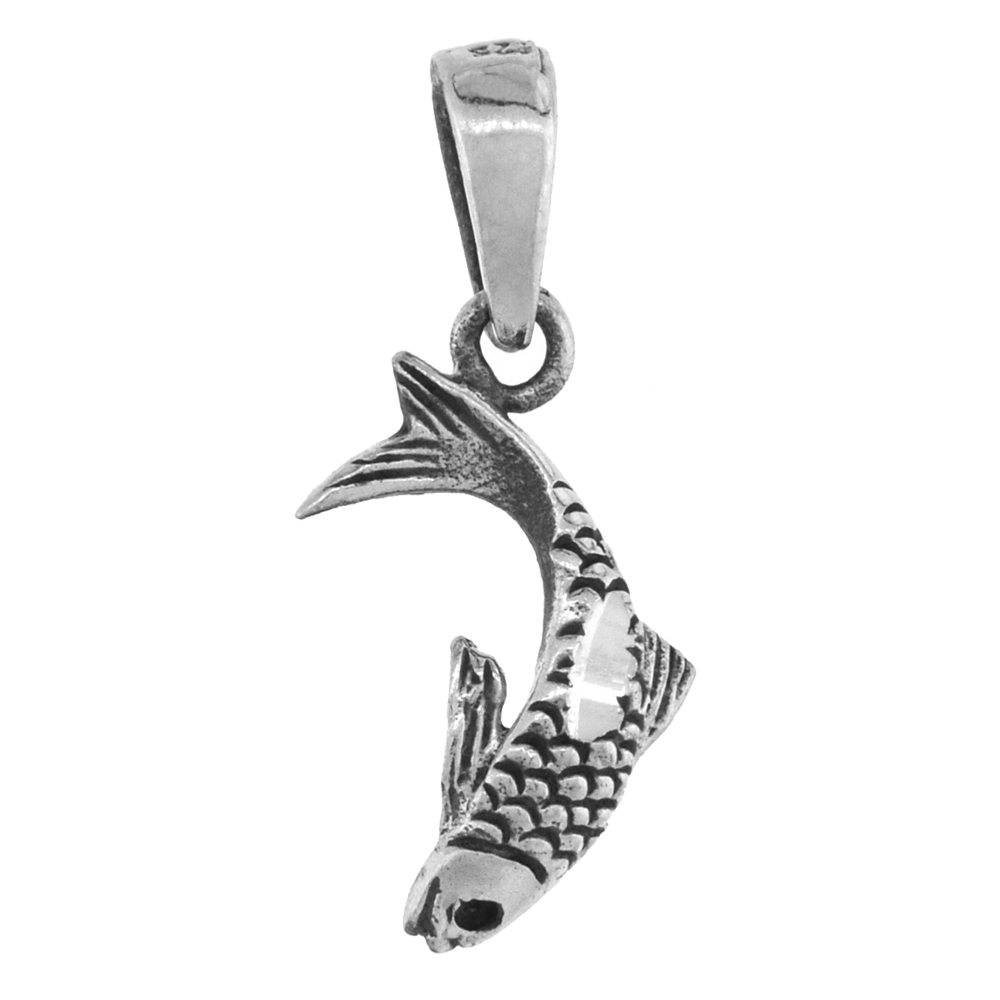 1 inch Sterling Silver Swimming Fish Necklace Diamond-Cut Oxidized finish available with or without chain
